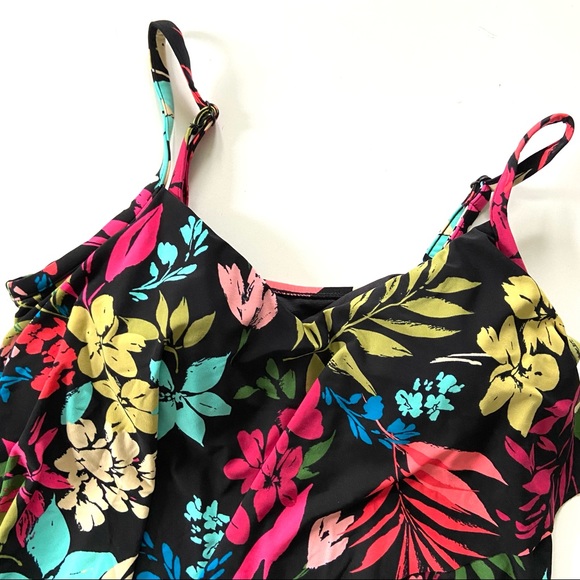 Aqua Green Black Floral V-Neck Angled Tiered Tankini Bathing Suit Swim Top - Picture 3 of 11